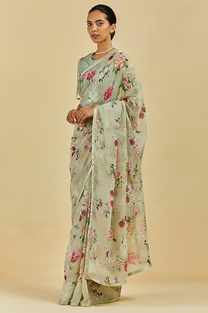 Sage Green Printed & Embroidered Wedding Saree Set by Atelier Shikaarbagh at Pernia's Pop Up Shop