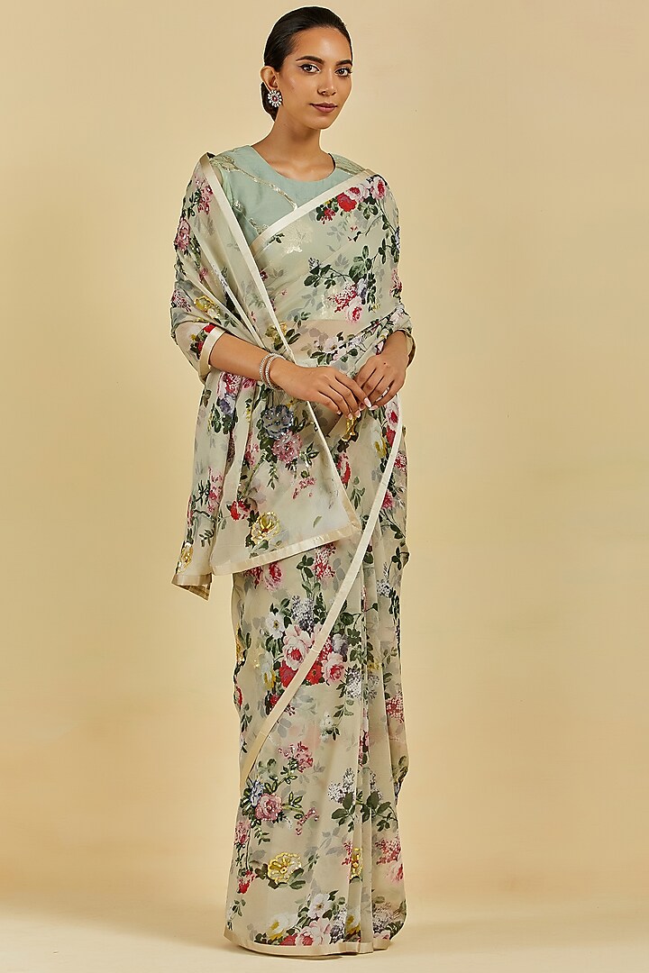 Petrol Green Printed & Embroidered Saree Set by Atelier Shikaarbagh