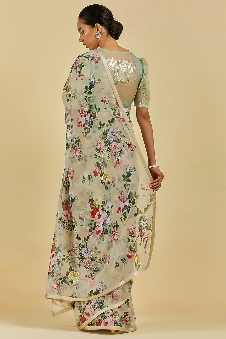 Petrol Green Printed & Embroidered Wedding Saree Set by Atelier Shikaarbagh at Pernia's Pop Up Shop