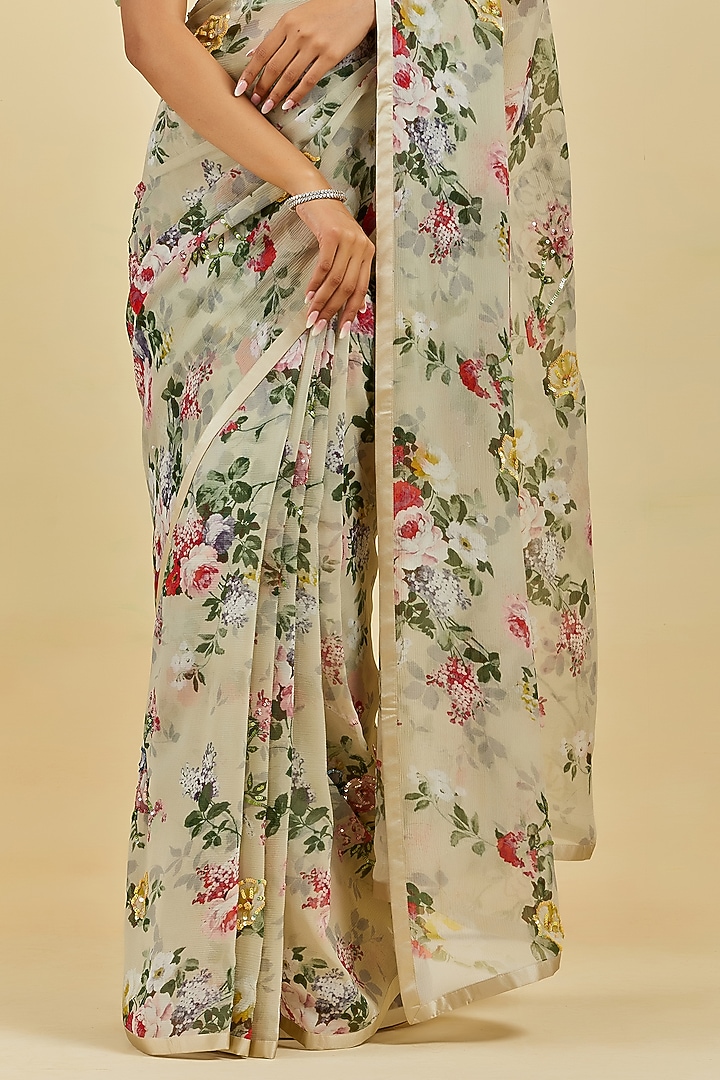 Petrol Green Printed & Embroidered Wedding Saree Set by Atelier Shikaarbagh at Pernia's Pop Up Shop