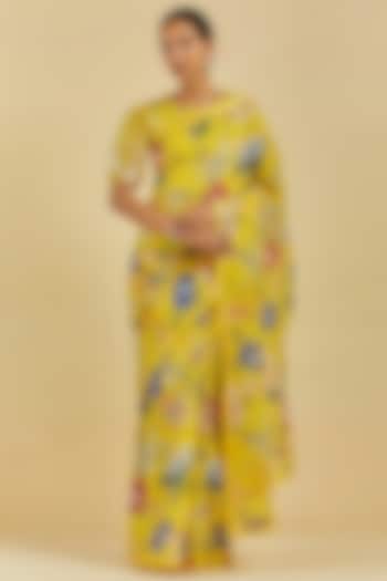Yellow Printed Saree Set by Atelier Shikaarbagh