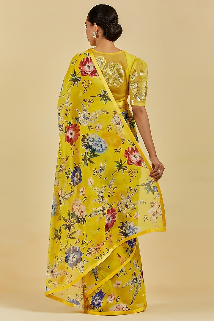 Yellow Printed Party Wear Saree Set by Atelier Shikaarbagh at Pernia's Pop Up Shop