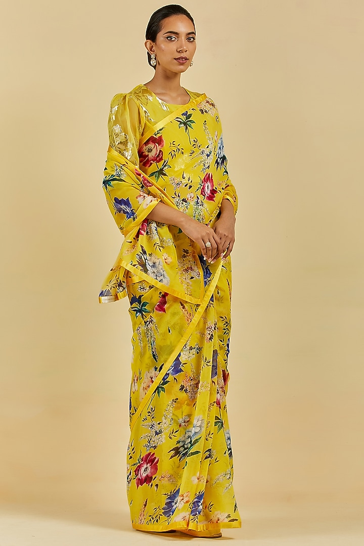 Yellow Printed Party Wear Saree Set by Atelier Shikaarbagh at Pernia's Pop Up Shop