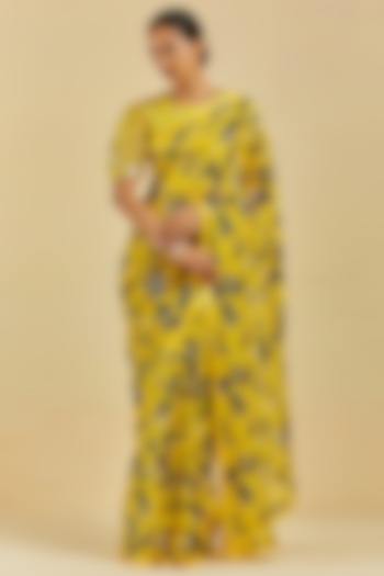 Yellow Printed & Embroidered Saree Set by Atelier Shikaarbagh