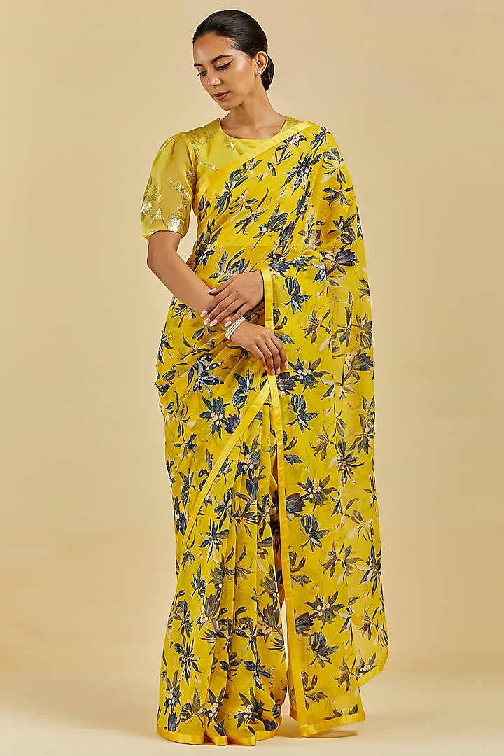 Yellow Printed & Embroidered Saree Set by Atelier Shikaarbagh