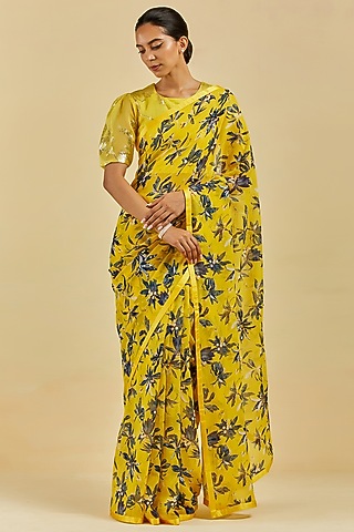 Yellow Printed & Embroidered Saree Set by Atelier Shikaarbagh