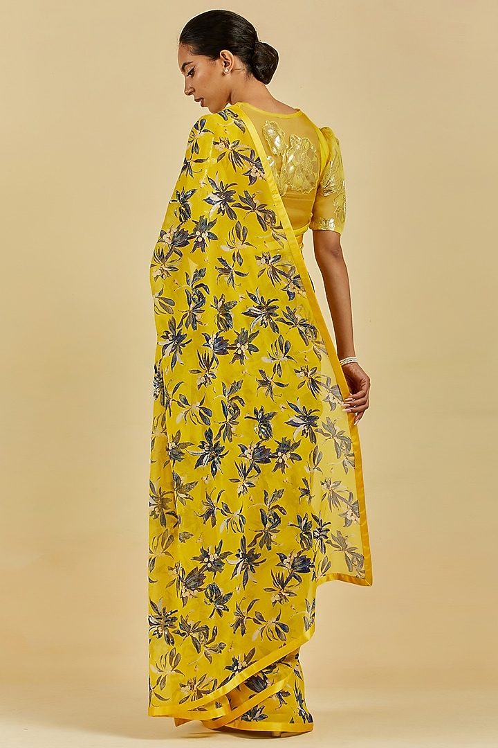 Yellow Printed & Embroidered Wedding Saree Set by Atelier Shikaarbagh at Pernia's Pop Up Shop