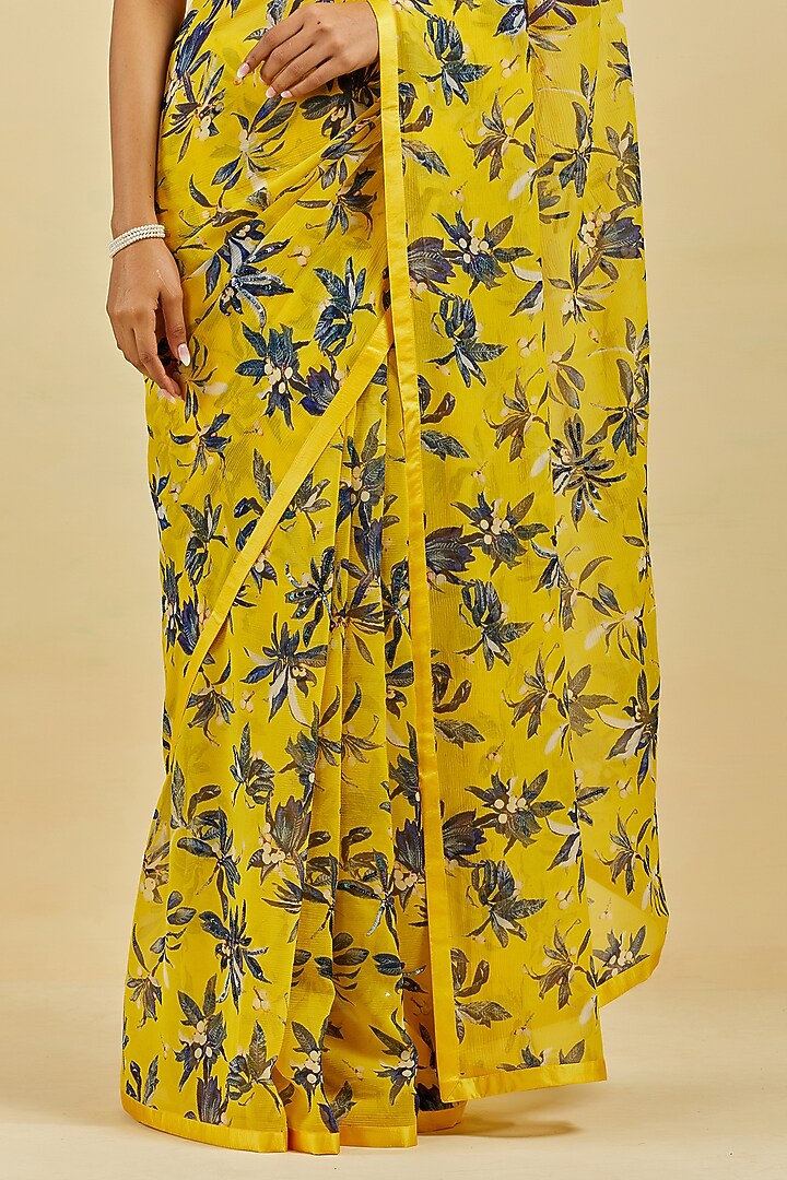 Yellow Printed & Embroidered Wedding Saree Set by Atelier Shikaarbagh at Pernia's Pop Up Shop