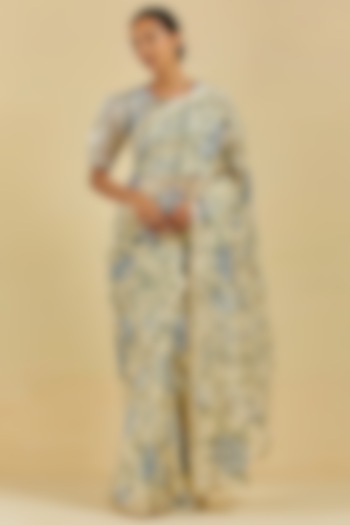 Butter Yellow Printed & Embroidered Saree Set by Atelier Shikaarbagh