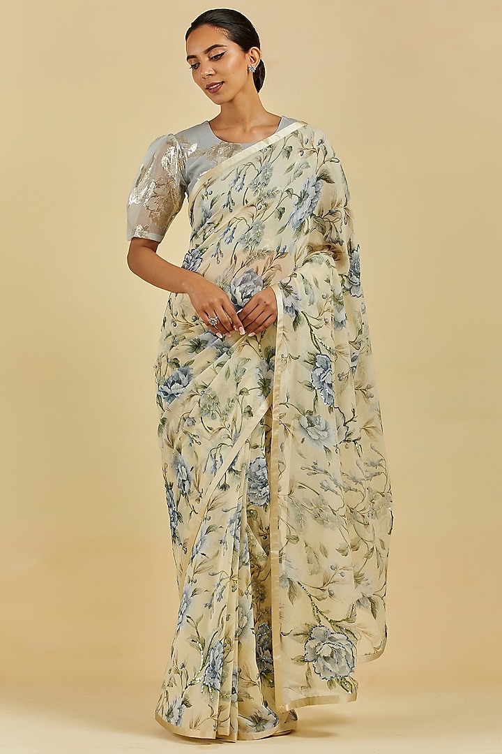 Butter Yellow Printed & Embroidered Saree Set by Atelier Shikaarbagh