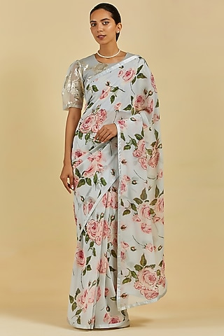 Powder Blue French Chiffon Printed & Hand Embroidered Saree Set by Atelier Shikaarbagh
