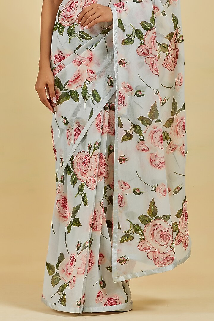 Powder Blue French Chiffon Printed & Hand Embroidered Wedding Saree Set by Atelier Shikaarbagh at Pernia's Pop Up Shop