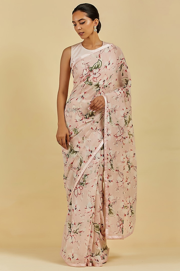 Blush Pink Printed & Embroidered Saree Set by Atelier Shikaarbagh