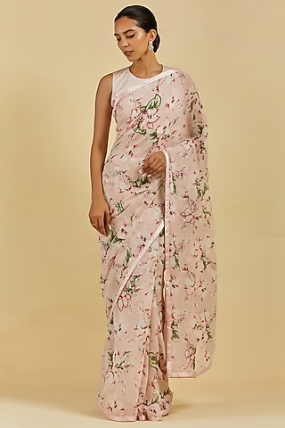 Blush Pink Printed & Embroidered Saree Set by Atelier Shikaarbagh