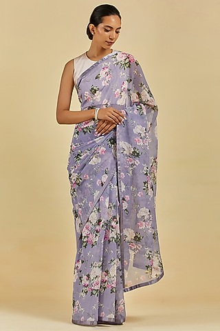 Periwinkle French Chiffon Printed Saree Set by Atelier Shikaarbagh