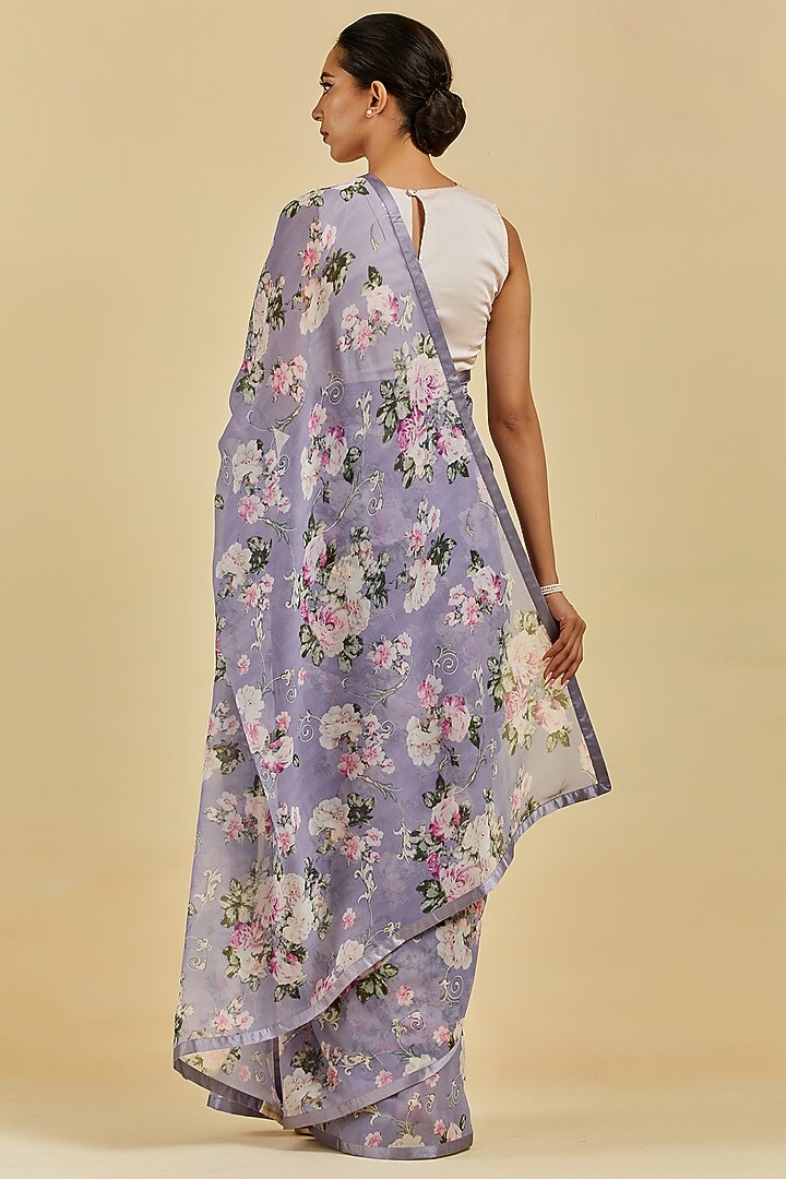 Periwinkle French Chiffon Printed Party Wear Saree Set by Atelier Shikaarbagh at Pernia's Pop Up Shop