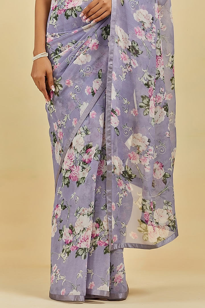 Periwinkle French Chiffon Printed Party Wear Saree Set by Atelier Shikaarbagh at Pernia's Pop Up Shop