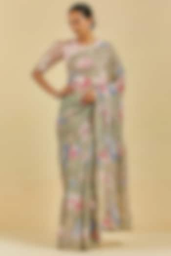 Ash Printed & Embroidered Saree Set by Atelier Shikaarbagh at Pernia's Pop Up Shop