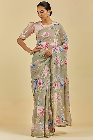 Ash Printed & Embroidered Saree Set by Atelier Shikaarbagh