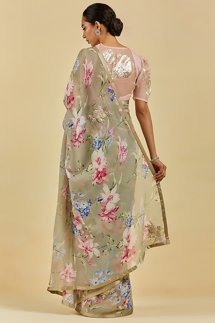 Ash Printed & Embroidered Wedding Saree Set by Atelier Shikaarbagh at Pernia's Pop Up Shop