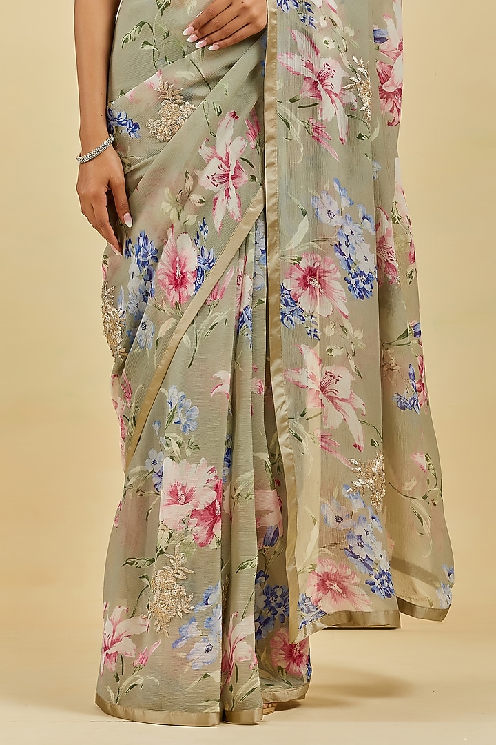 Ash Printed & Embroidered Wedding Saree Set by Atelier Shikaarbagh at Pernia's Pop Up Shop