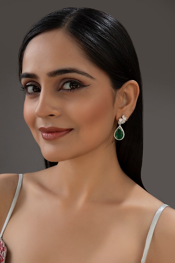 Silver Finish Green Stone Dangler Earrings In Sterling Silver by Auraa Trends Silver Jewellery at Pernia's Pop Up Shop