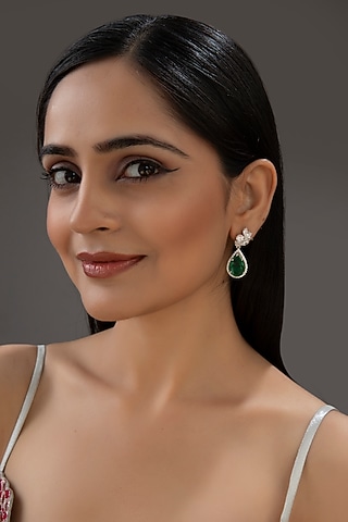 Silver Finish Green Stone Dangler Earrings In Sterling Silver by Auraa Trends Silver Jewellery