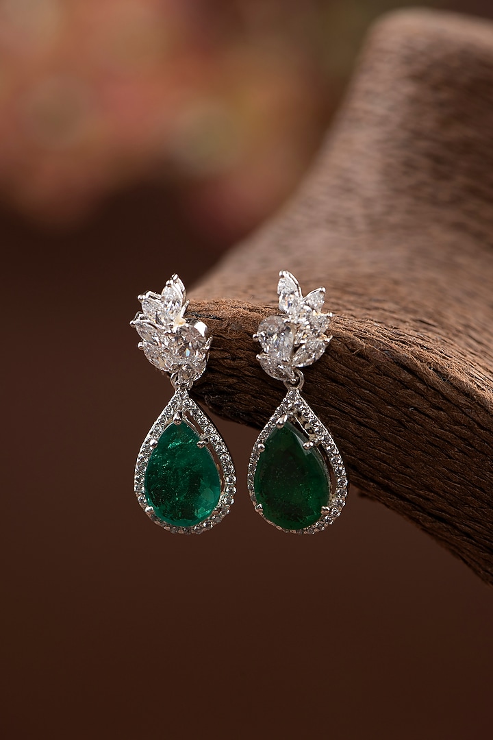Silver Finish Green Stone Dangler Earrings In Sterling Silver by Auraa Trends Silver Jewellery at Pernia's Pop Up Shop
