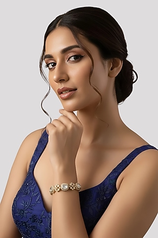 Gold Finish Kundan Polki Bracelet In Sterling Silver by Auraa Trends Silver Jewellery