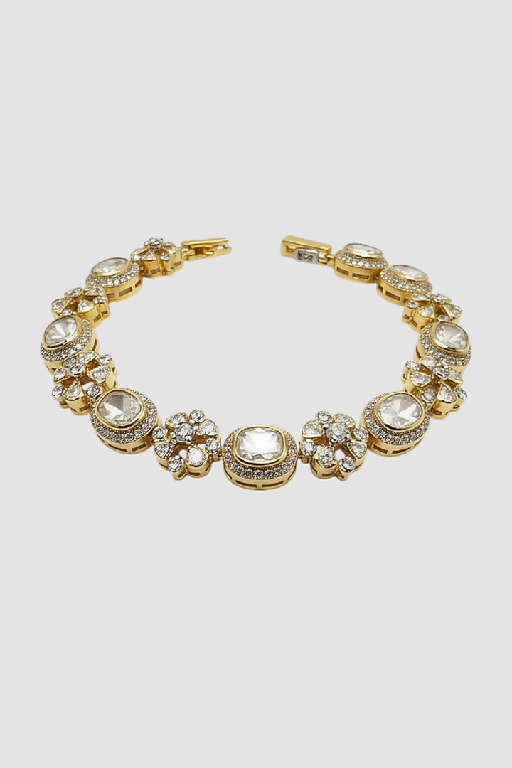 Gold Finish Kundan Polki Bracelet In Sterling Silver by Auraa Trends Silver Jewellery at Pernia's Pop Up Shop