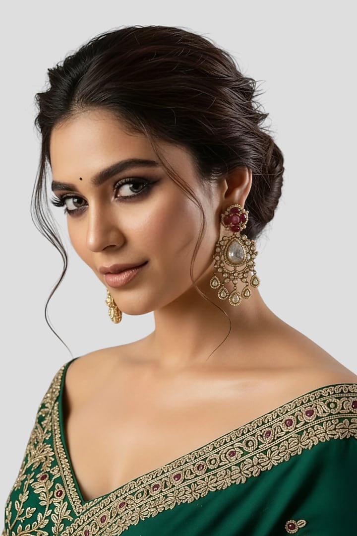 Gold Finish Kundan Polki & Cubic Zirconia Chandbali Earrings In Sterling Silver by Auraa Trends Silver Jewellery at Pernia's Pop Up Shop