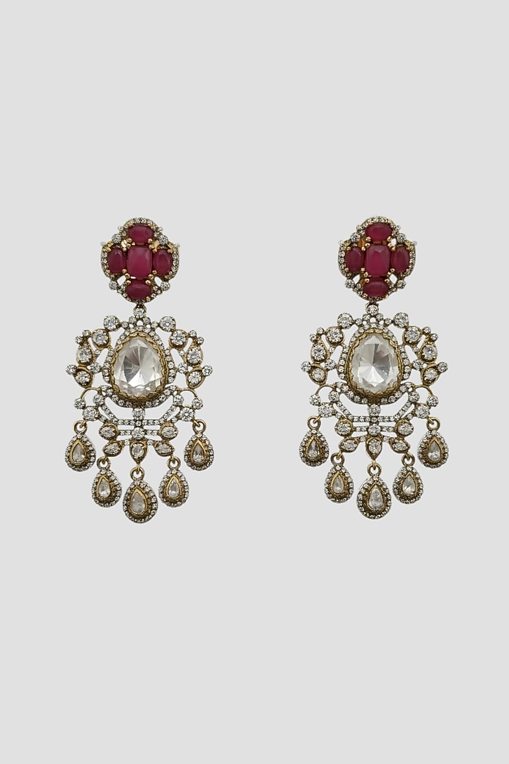 Gold Finish Kundan Polki & Cubic Zirconia Chandbali Earrings In Sterling Silver by Auraa Trends Silver Jewellery at Pernia's Pop Up Shop