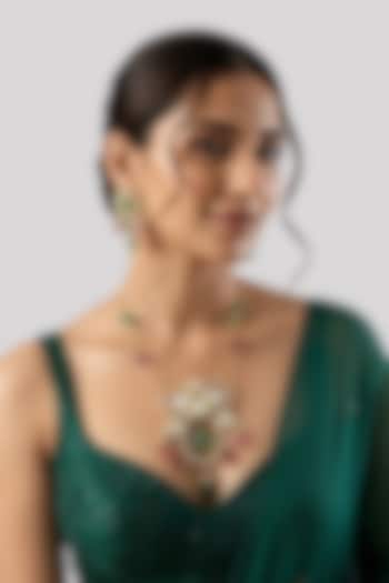 Gold Finish Pink & Green Beaded Stud Earrings In Sterling Silver by Auraa Trends Silver Jewellery at Pernia's Pop Up Shop