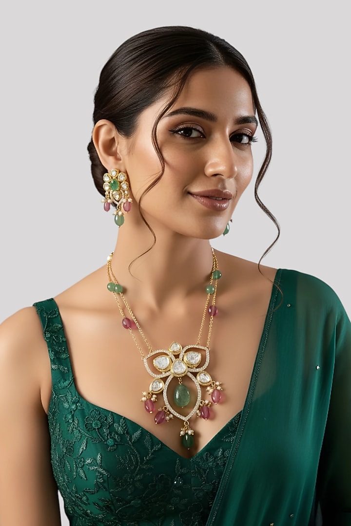 Gold Finish Pink & Green Beaded Stud Earrings In Sterling Silver by Auraa Trends Silver Jewellery at Pernia's Pop Up Shop