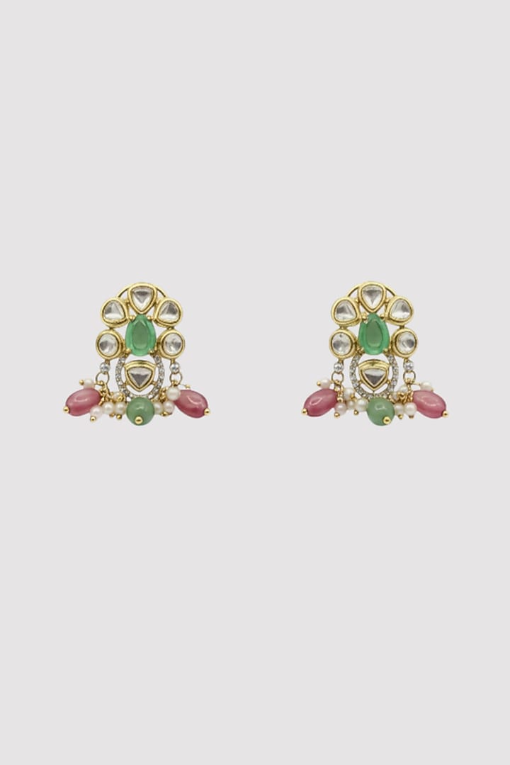 Gold Finish Pink & Green Beaded Stud Earrings In Sterling Silver by Auraa Trends Silver Jewellery at Pernia's Pop Up Shop