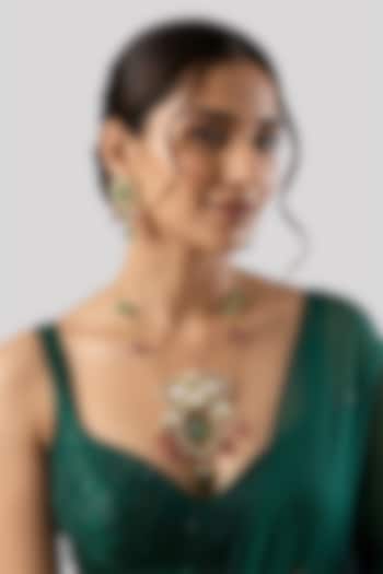 Gold Finish Kundan Polki & Oval Green Stone Pendant Necklace In Sterling Silver by Auraa Trends Silver Jewellery at Pernia's Pop Up Shop