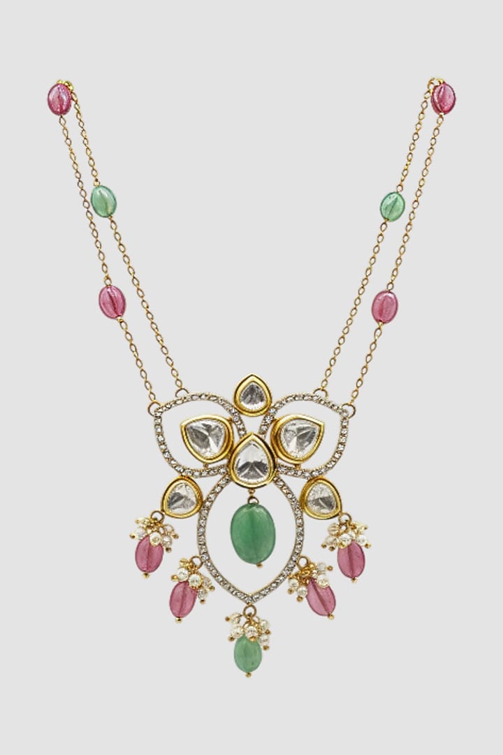 Gold Finish Kundan Polki & Oval Green Stone Pendant Necklace In Sterling Silver by Auraa Trends Silver Jewellery at Pernia's Pop Up Shop