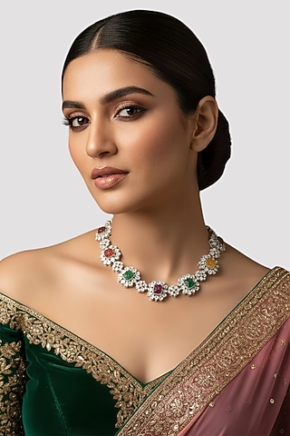 White Finish Kundan Polki & Multi-Colored CZ Stone Floral Choker Necklace In Sterling Silver by Auraa Trends Silver Jewellery