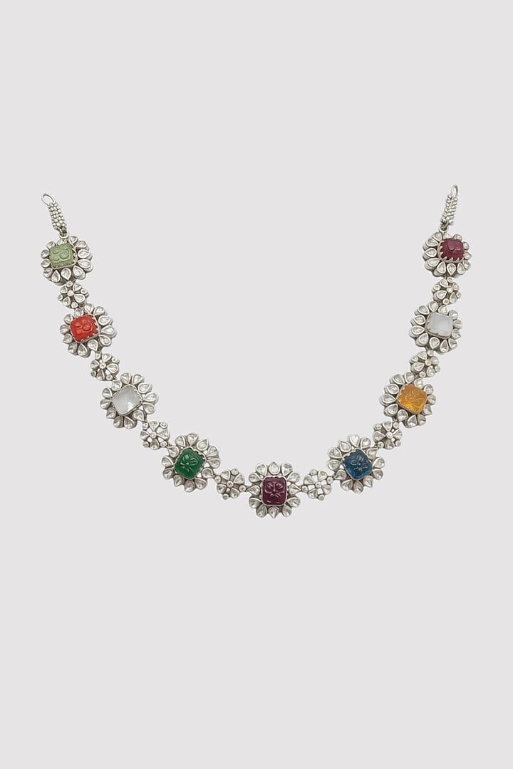 White Finish Kundan Polki & Multi-Colored CZ Stone Floral Choker Necklace In Sterling Silver by Auraa Trends Silver Jewellery at Pernia's Pop Up Shop