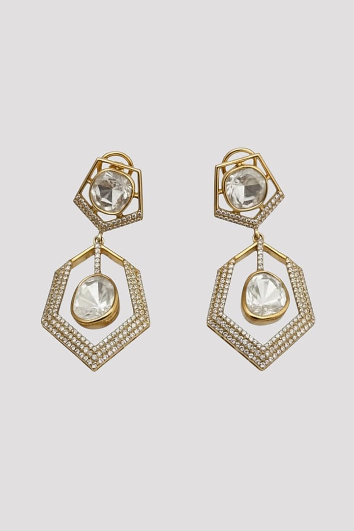 Gold Finish Kundan Polki Hexagon-Shaped Earrings In Sterling Silver by Auraa Trends Silver Jewellery at Pernia's Pop Up Shop