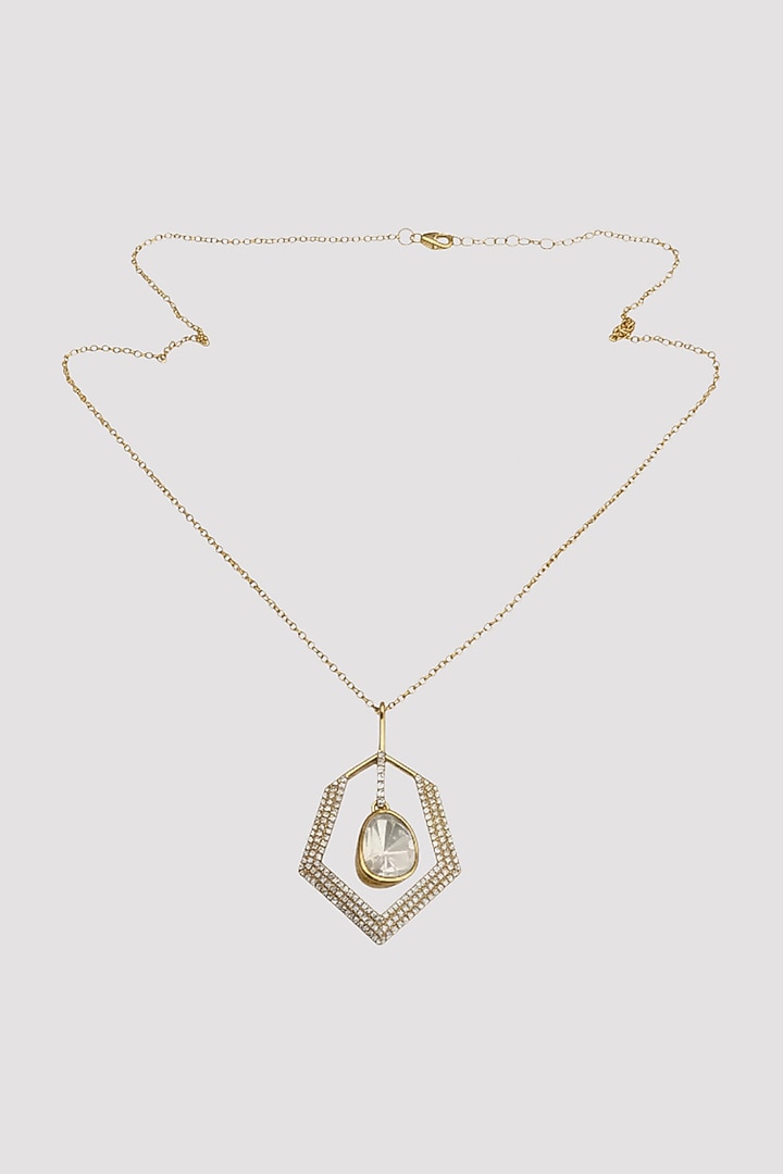 Gold Finish Kundan Polki Hexagon-Shaped Pendant Necklace In Sterling Silver by Auraa Trends Silver Jewellery at Pernia's Pop Up Shop