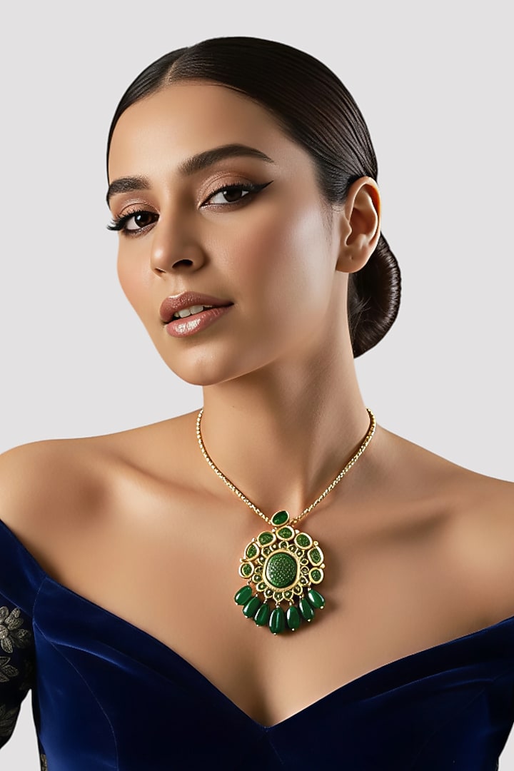 Gold Finish Kundan Polki & Green Enameled Pendant Necklace In Sterling Silver by Auraa Trends Silver Jewellery at Pernia's Pop Up Shop