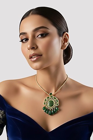Gold Finish Kundan Polki & Green Enameled Pendant Necklace In Sterling Silver by Auraa Trends Silver Jewellery