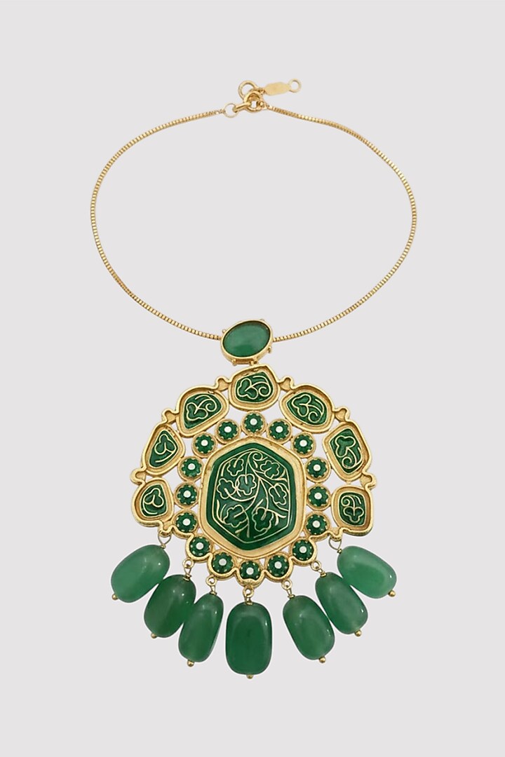 Gold Finish Kundan Polki & Green Enameled Pendant Necklace In Sterling Silver by Auraa Trends Silver Jewellery at Pernia's Pop Up Shop