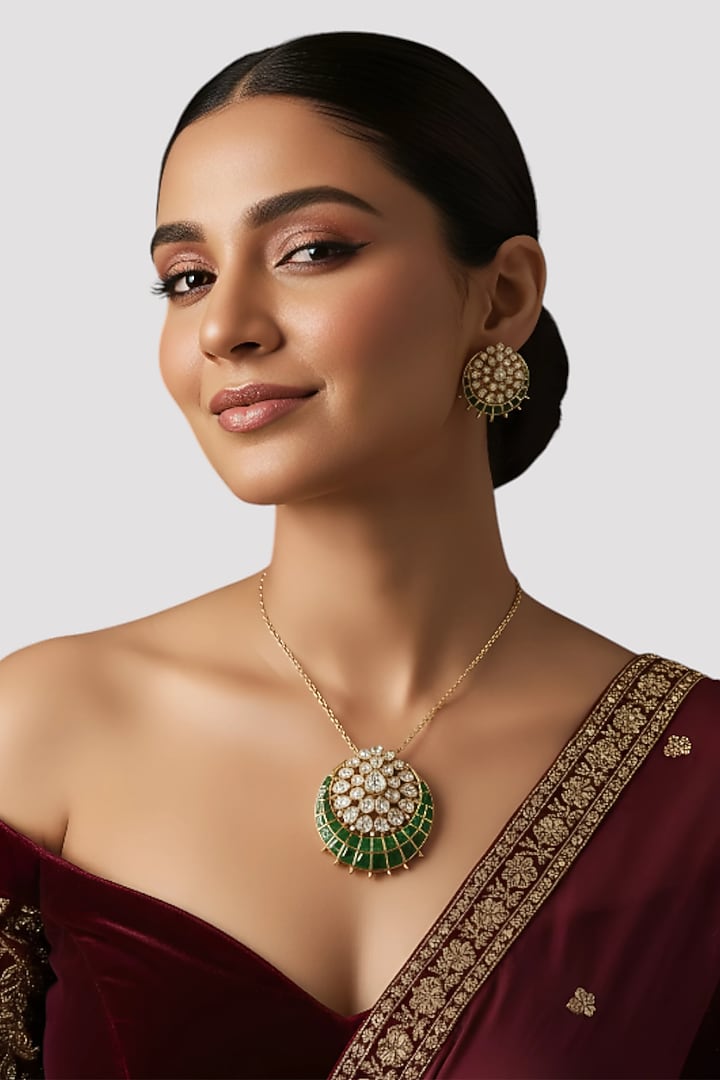 Gold Finish Kundan Polki & Green Stone Stud Earrings In Sterling Silver by Auraa Trends Silver Jewellery at Pernia's Pop Up Shop