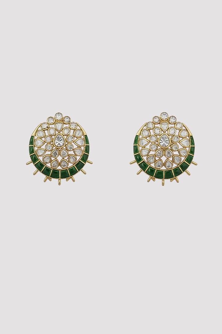 Gold Finish Kundan Polki & Green Stone Stud Earrings In Sterling Silver by Auraa Trends Silver Jewellery at Pernia's Pop Up Shop