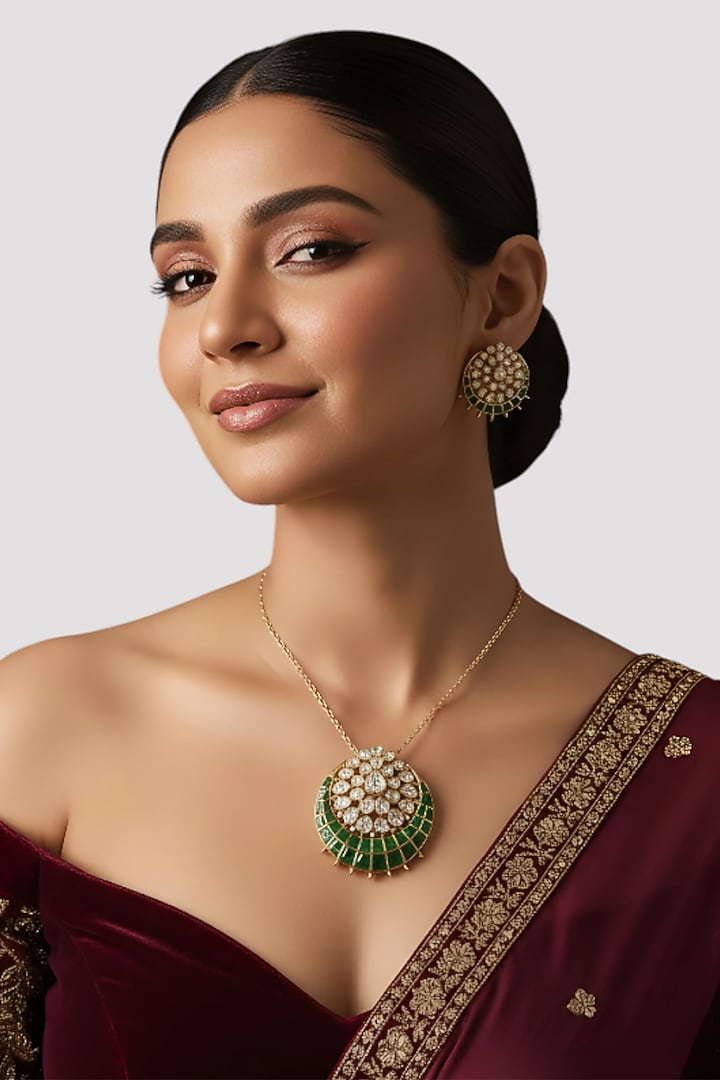 Gold Finish Kundan Polki & Green Stone Pendant Necklace In Sterling Silver by Auraa Trends Silver Jewellery at Pernia's Pop Up Shop