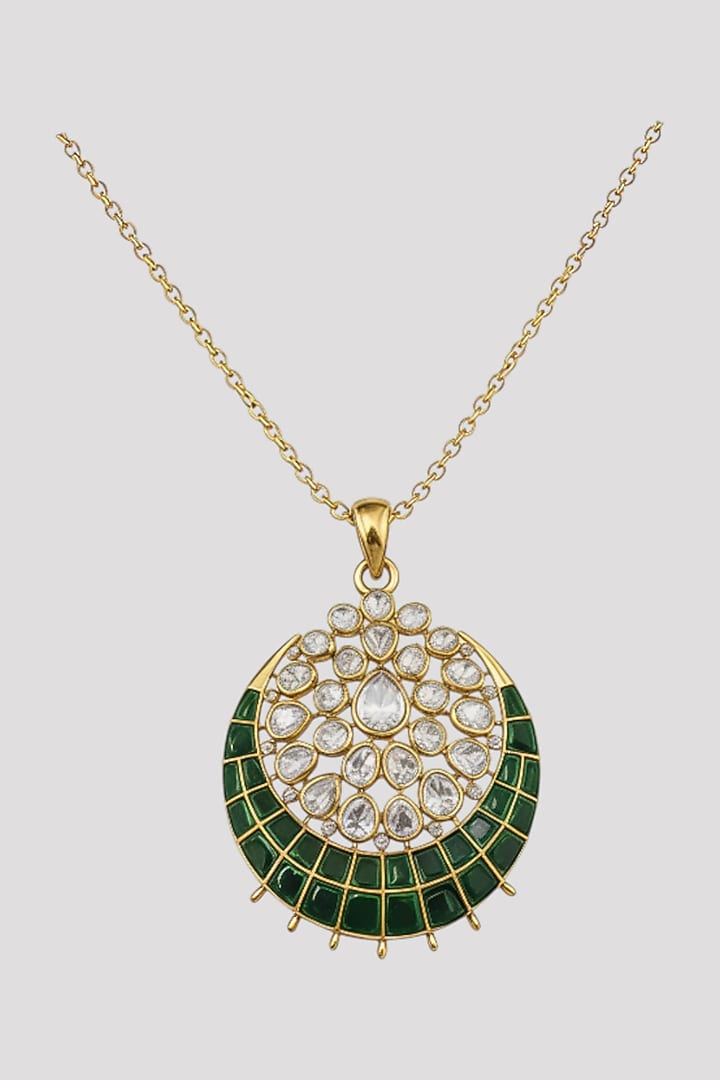 Gold Finish Kundan Polki & Green Stone Pendant Necklace In Sterling Silver by Auraa Trends Silver Jewellery at Pernia's Pop Up Shop
