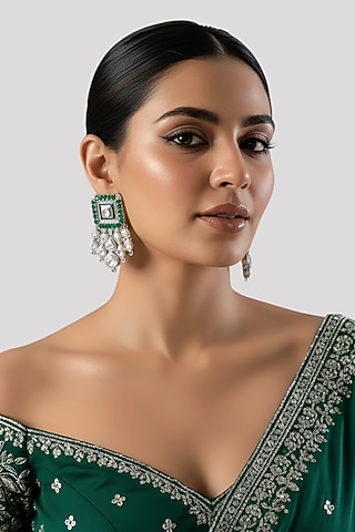 White Finish Kundan Polki & Blue Enameled Dangler Earrings In Sterling Silver by Auraa Trends Silver Jewellery