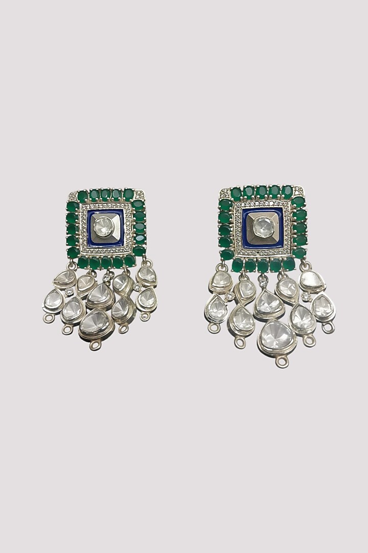 White Finish Kundan Polki & Blue Enameled Dangler Earrings In Sterling Silver by Auraa Trends Silver Jewellery at Pernia's Pop Up Shop